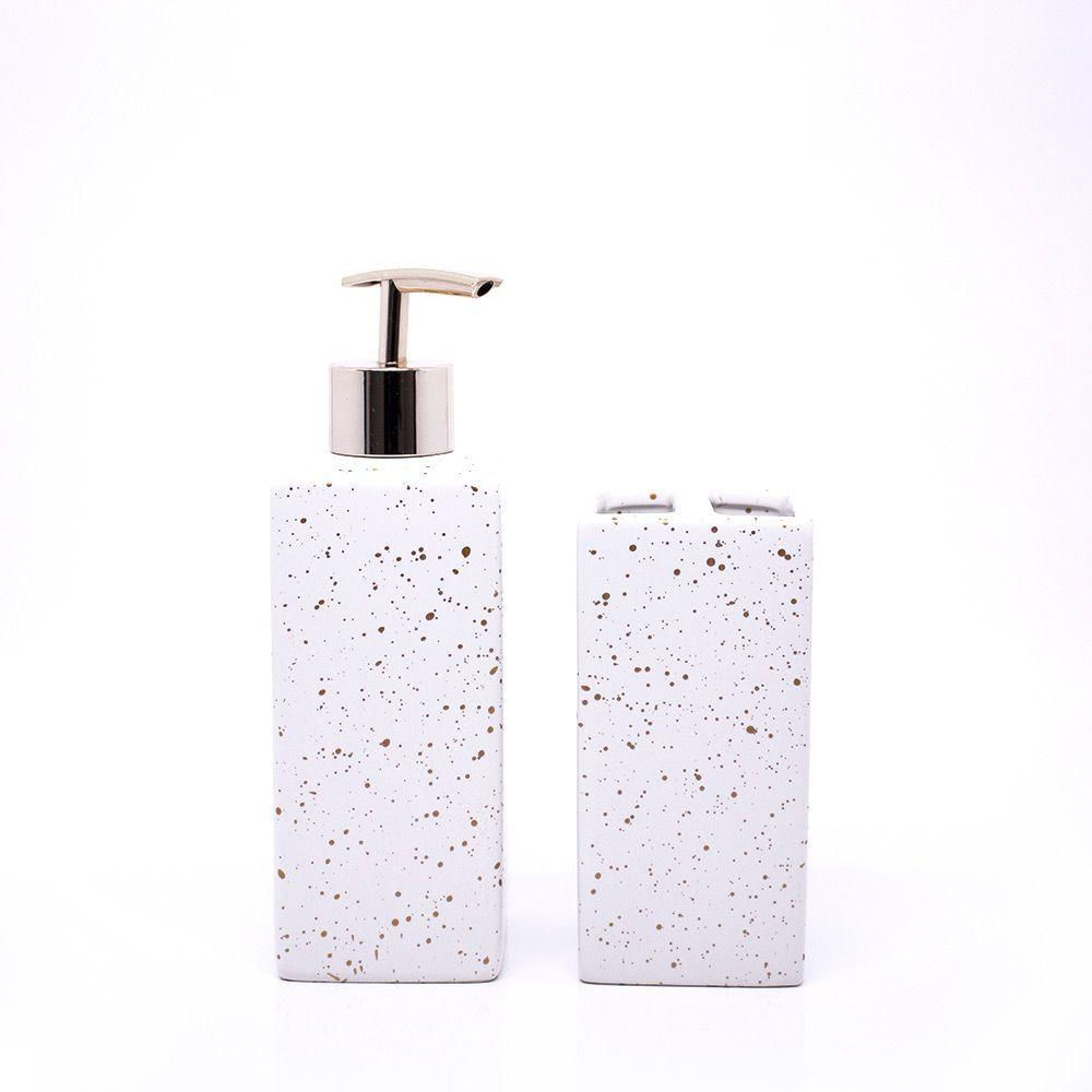Kit Banheiro 01 Porta Sabonete Liquido E 01 Porta Escova Em Cerâmica Branco - D&#039rossi