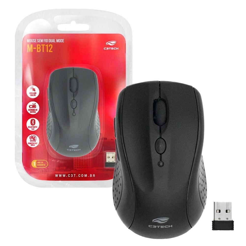 Mouse C3tech M-bt12bk, Wireless 2.4ghz + Bluetooth, 1600 Dpi, Preto