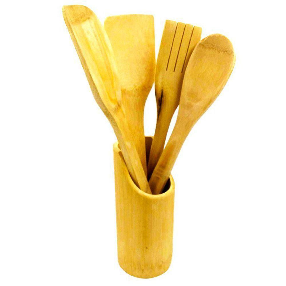 Conjunto Kit 5 Utensílios De Madeira Bambu Culinária