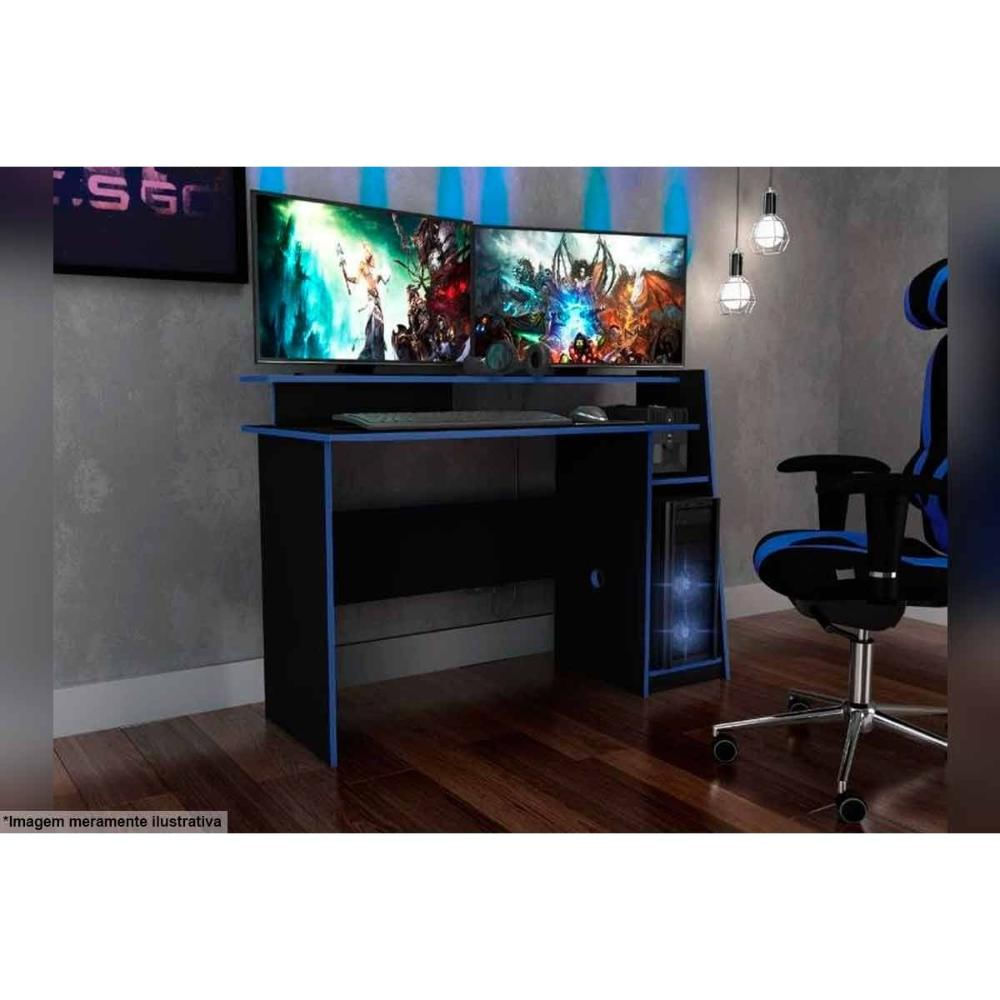 Mesa de Computador Solteiro Gamer MSM 448 Preto/Azul - Movelbento