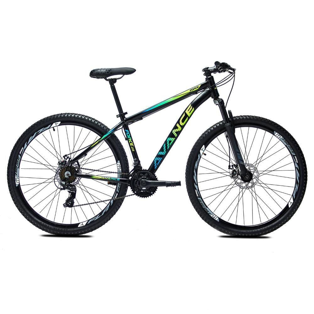 Bicicleta Aro 29 Alumínio Avance Force 24 Vel Freio A Disco Cor:preto Azul E Verde