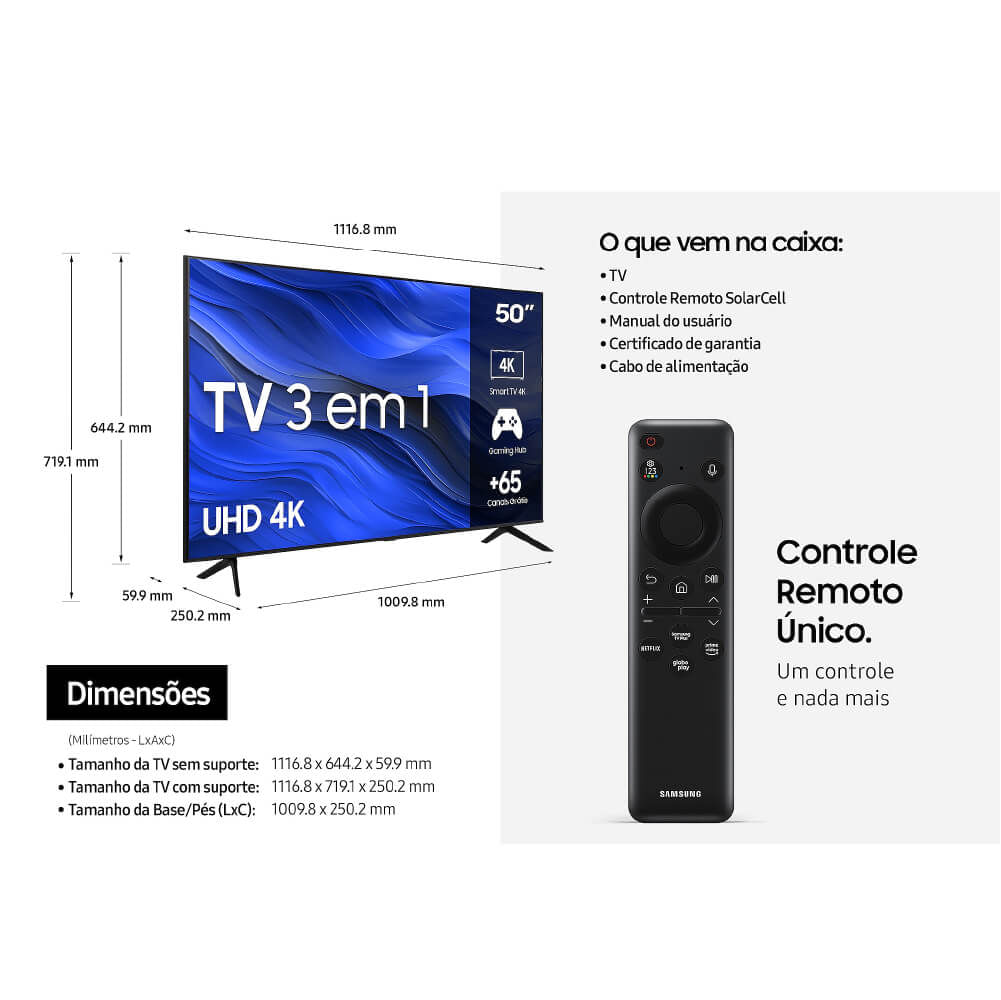 Smart TV Samsung 50" 3 em 1 UHD 4K CU7700 Crystal e Tizen