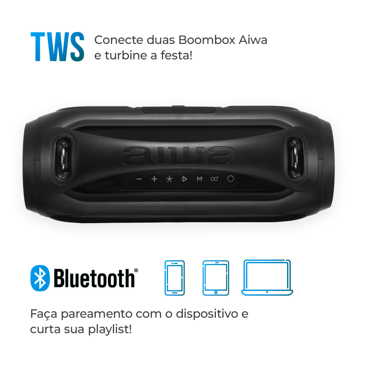 Caixa de Som Boombox AIWA AWS-BBS-02 50W BT 4H IPX5 RGB USB Bivolt