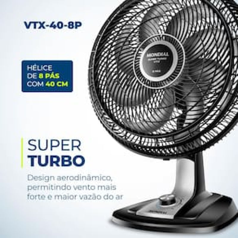 Ventilador de Mesa 40cm Mondial Super Turbo VTX-40-8P 8 Pás 3 Velocidades Preto Preto / 110