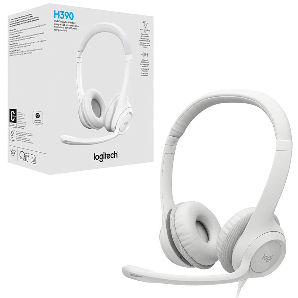 Headset Corporativo Logitech H390 USB Branco Branco