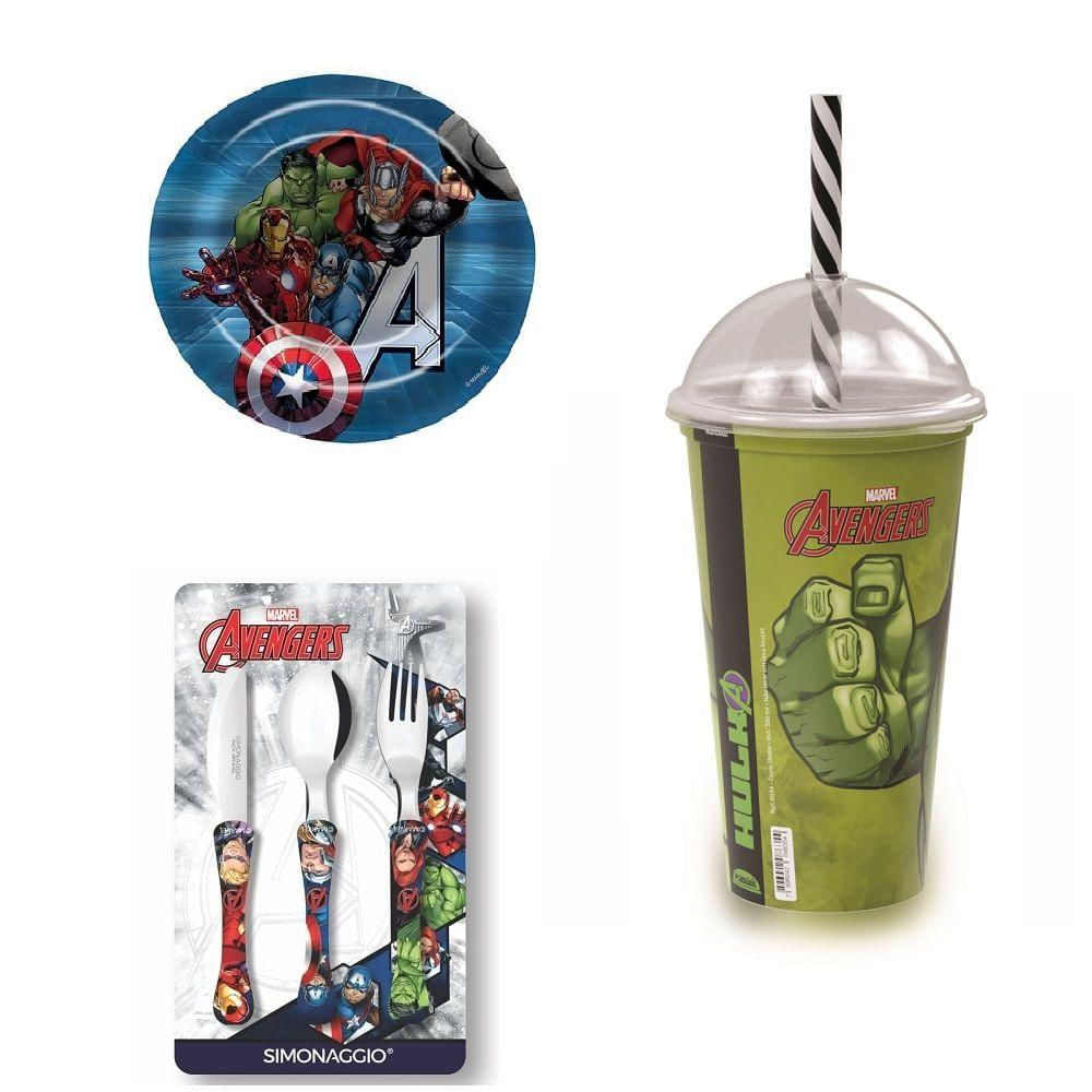 Kit Avengers Prato Talheres e Shake Hulk
