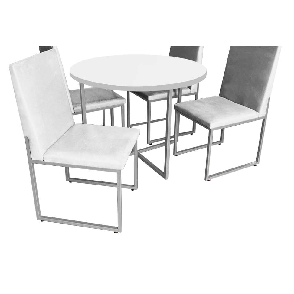 Kit Mesa de Jantar Theo com 4 Cadeiras Sttan Ferro Cinza Tampo Branco Corino Branco - Ahazzo Móveis