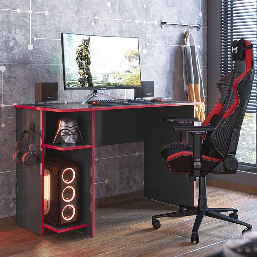 Mesa Computador Gamer 3875 Com Suporte Fone De Ouvido Preto/Vermelho Preto/Vermelho
