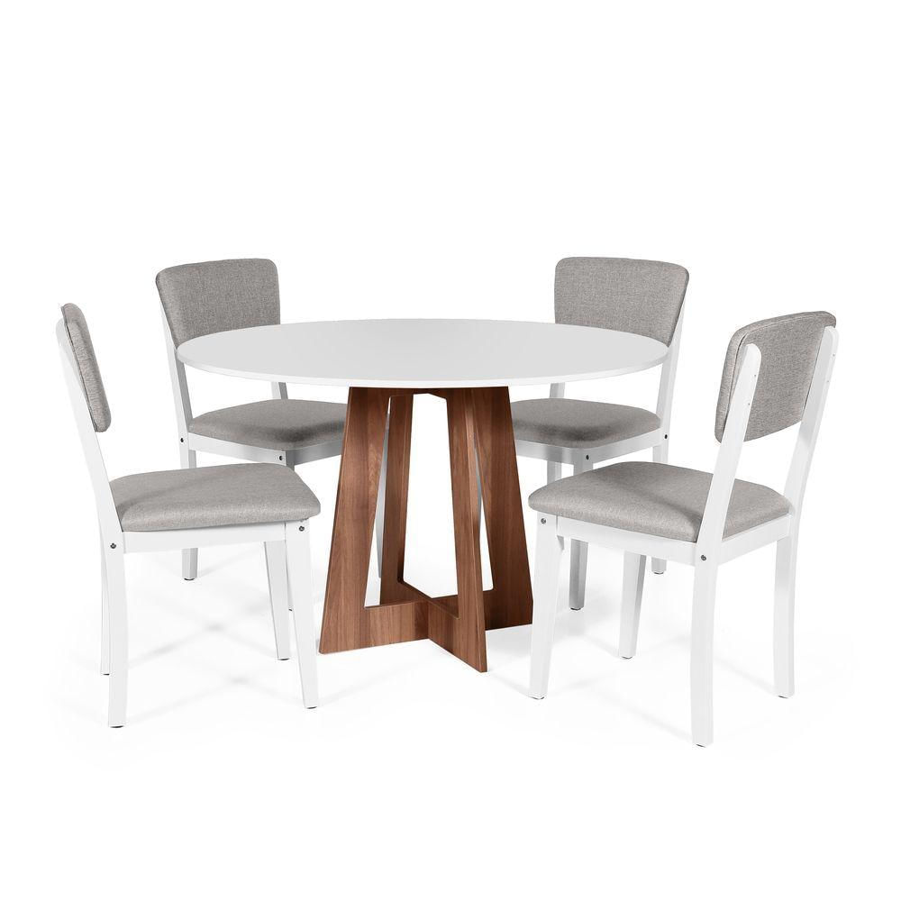 Mesa De Jantar Redonda Montreal Bran/nor Com 4 Cadeiras Estofadas Ella Branco/cinza Claro