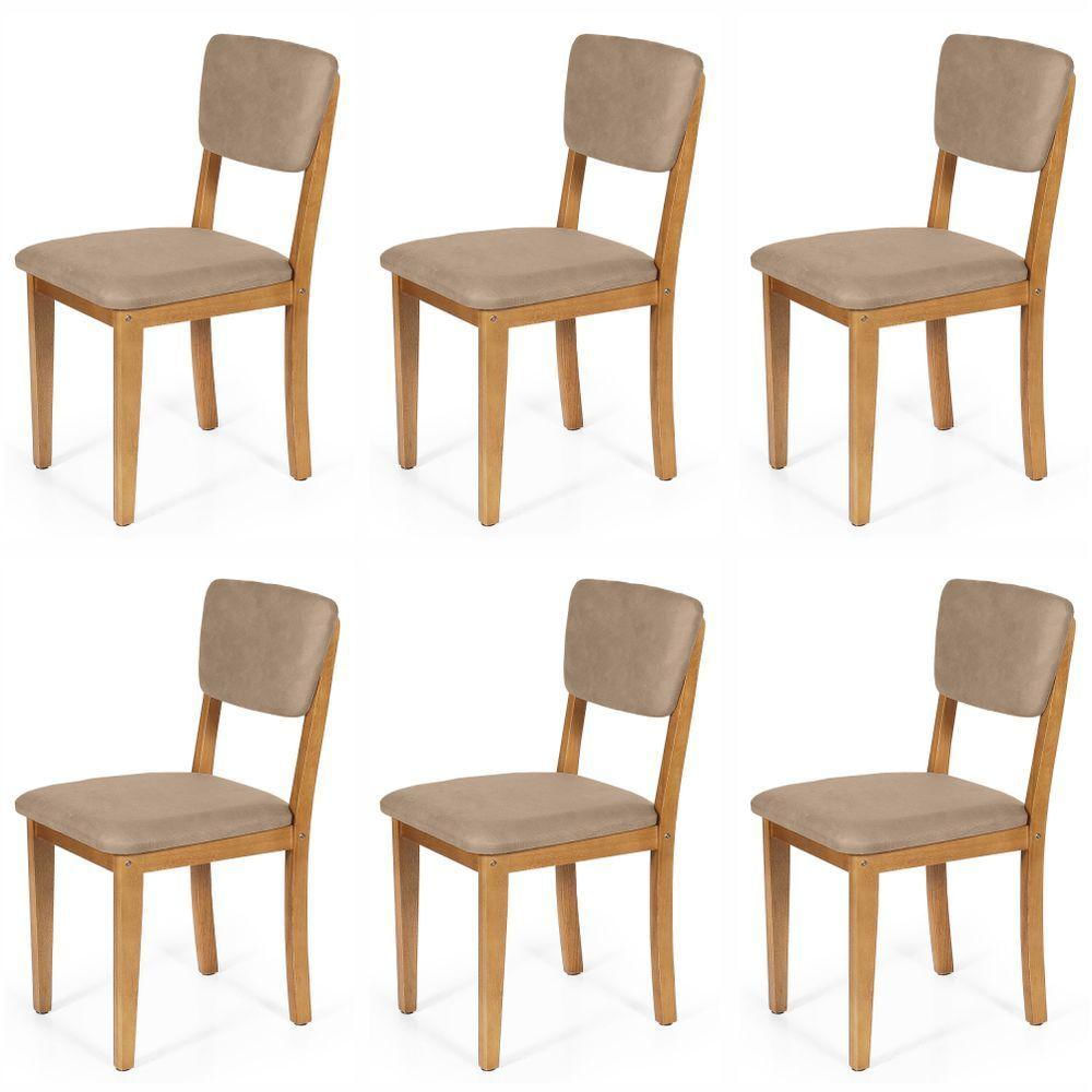 Conjunto 6 Cadeiras De Jantar Estofada Em Madeira Maciça Ella Marrom Claro