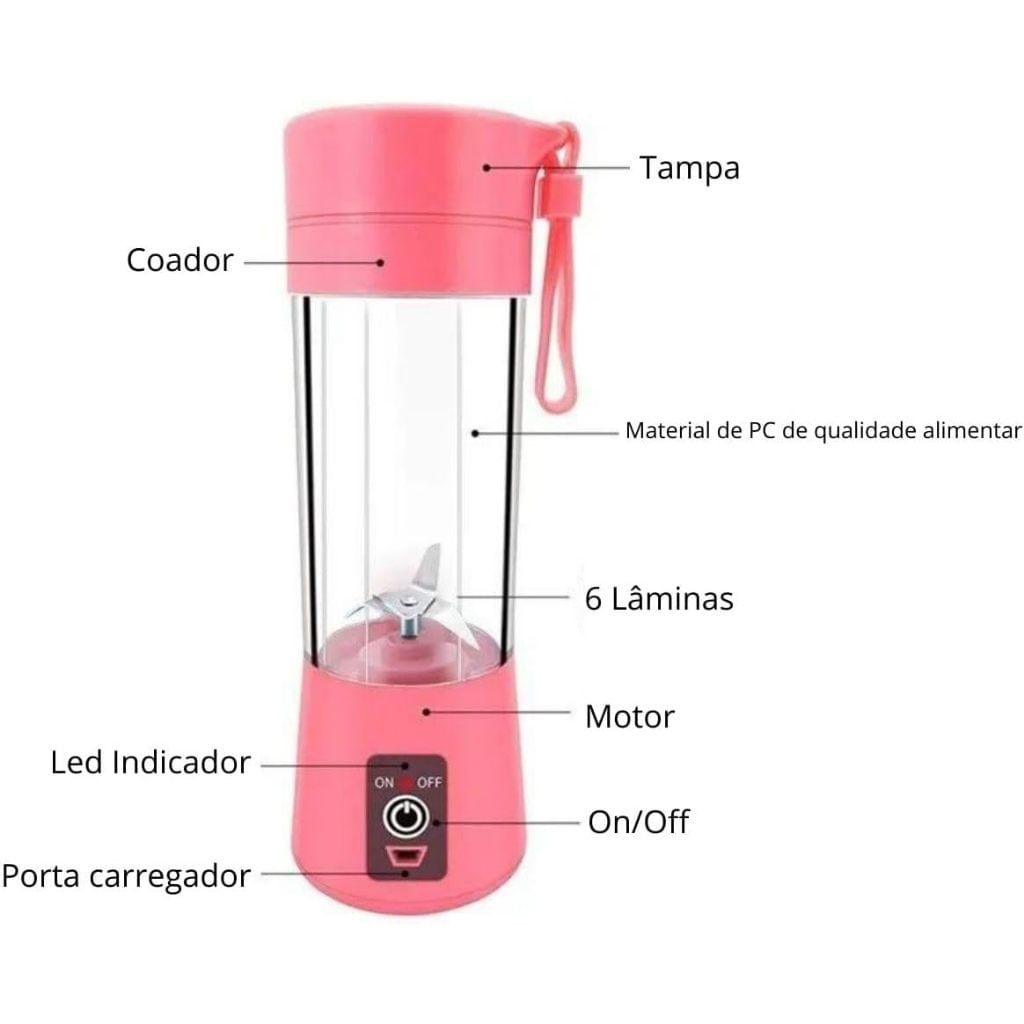 Mini Liquidificador Mixer Juice Garrafa Portátil Liquidificador Elétrico Usb Recarregável 6 Lâminas