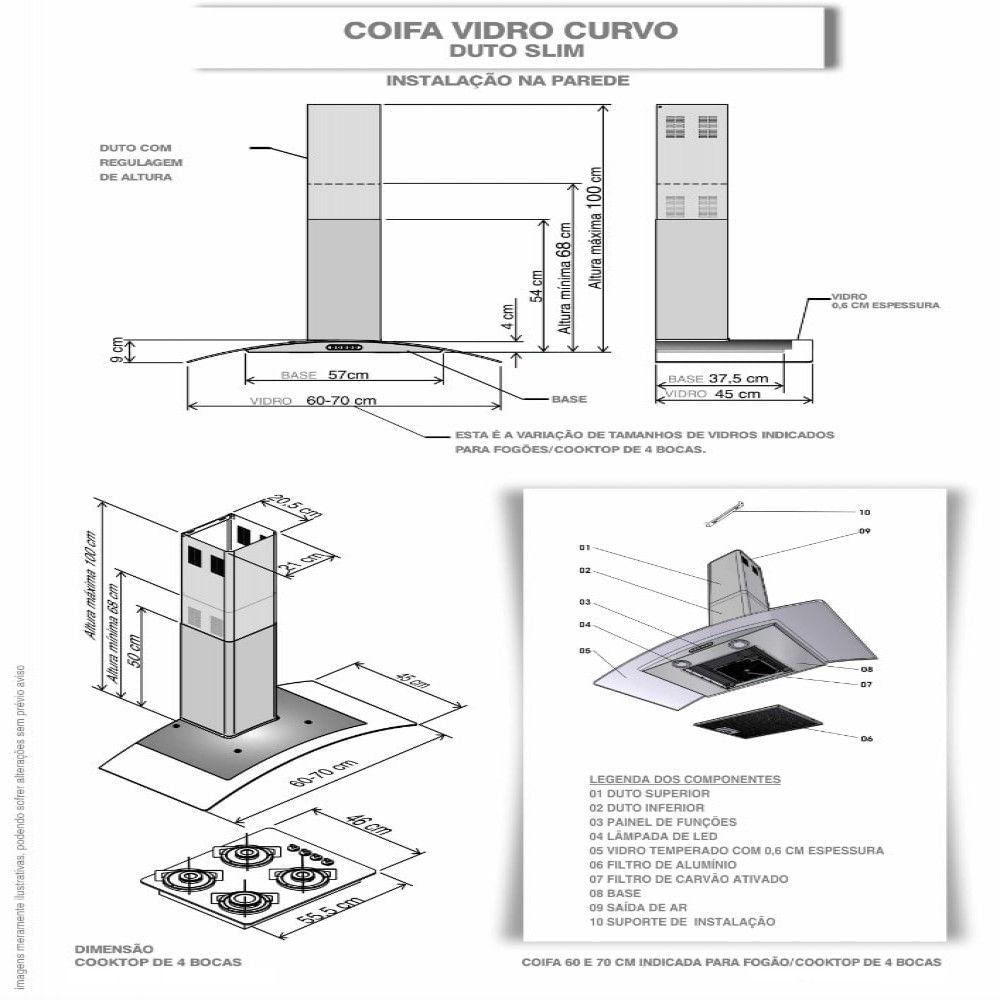 Coifa De Parede Clean Vidro Curvo 60cm 140w 110v 110v