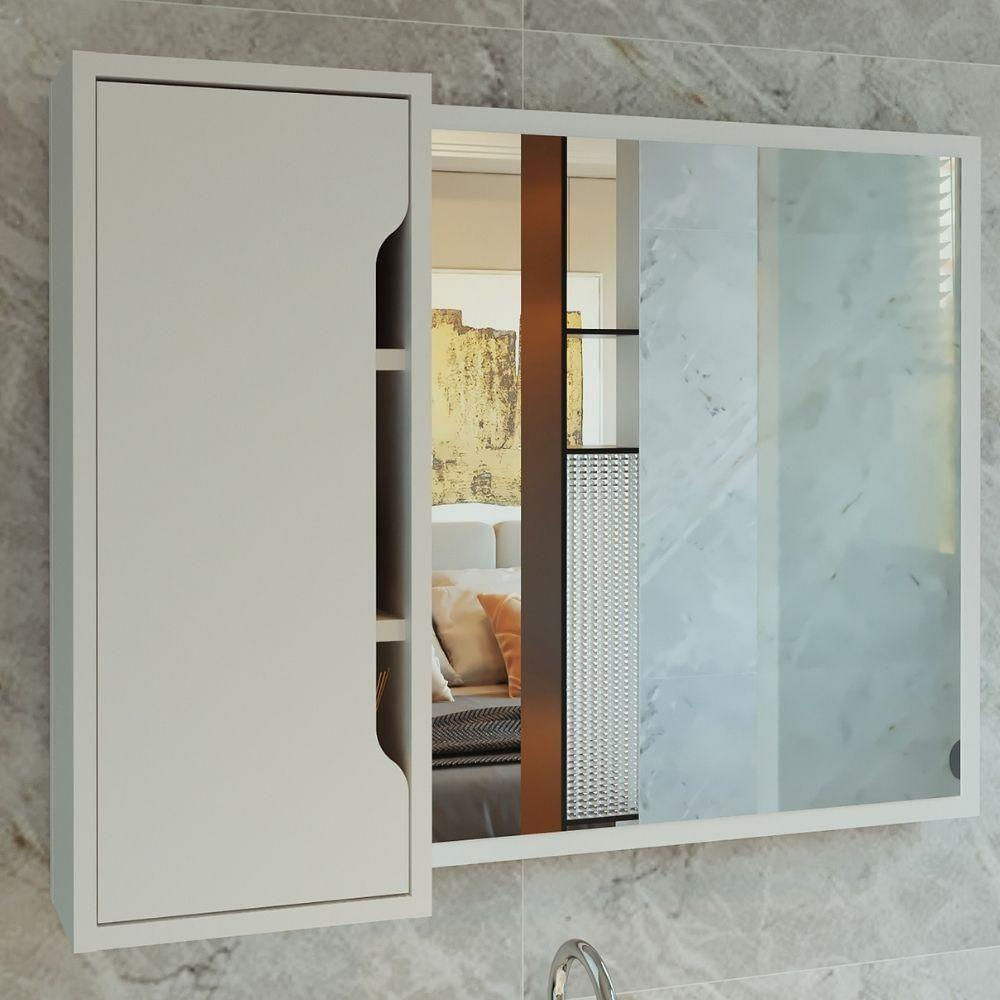 Espelheira Para Banheiro 80x60cm 1 Porta Com 3 Nichos Bn3645 Tecnomobili Branco Branco