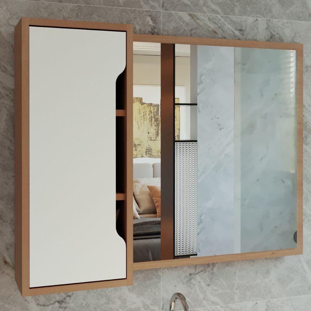 Espelheira Para Banheiro 80x60cm 1 Porta Com 3 Nichos Bn3645 Tecnomobili Amêndo-branco Amêndo-branco