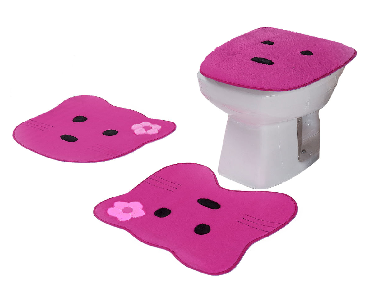 Jogo De Banheiro Gatinha Em Pelúcia 03 Peças Pink