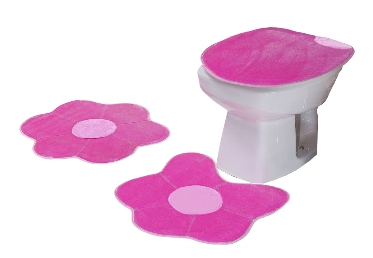 Jogo De Banheiro Flor Margarida Em Pelúcia 03 Peças Pink