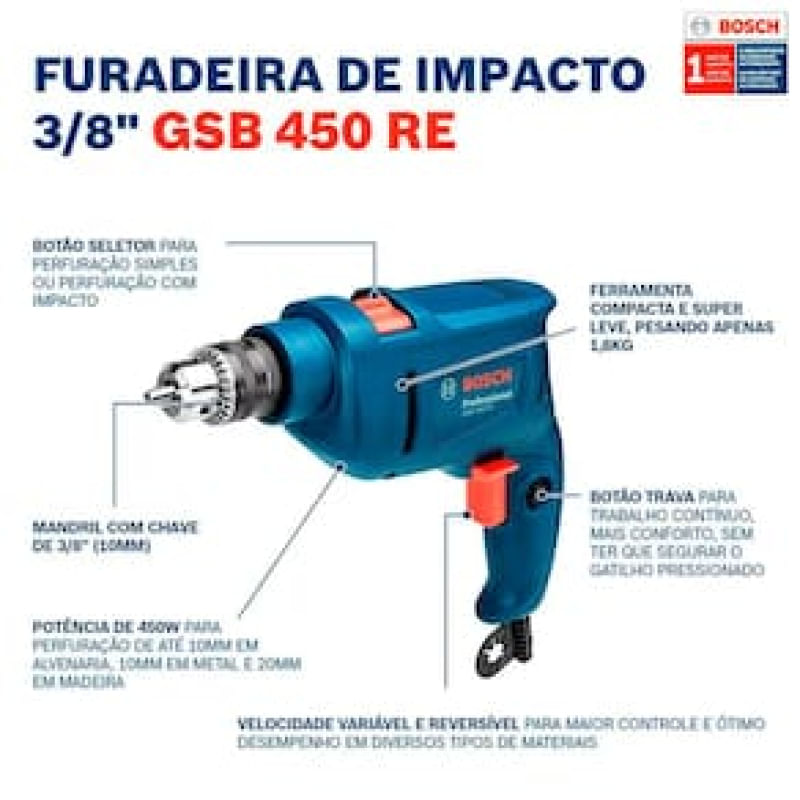 Furadeira de Impacto Bosch GSB 450 RE Mandril 3/8" - 450W Azul