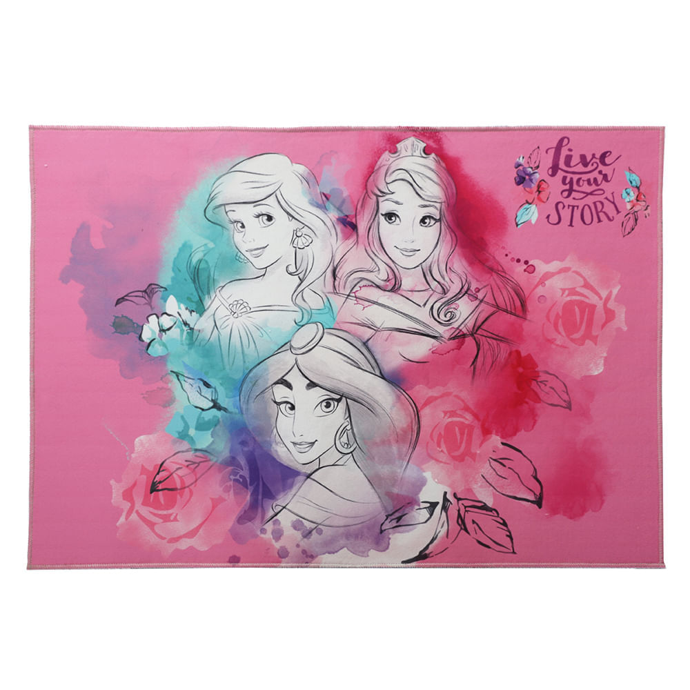 Tapete Infantil em Poliéster Antiderrapante -  Joy Disney Princesas Aquarela 070X100Cm