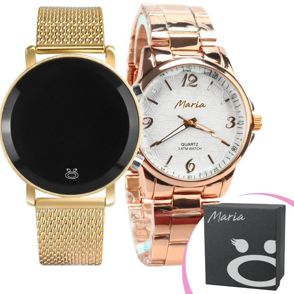 Relógio Digital Dourado + Relógio Feminino Aço Inox Rose Qualidade Premium Prensente Rose