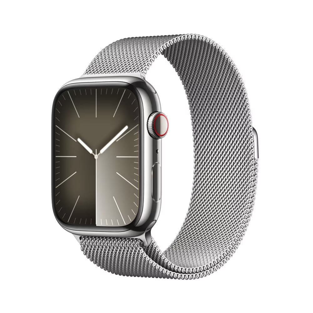 Apple Watch Series 9 GPS + Cellular Caixa Prateada de Aço Inoxidável 45mm Pulseira Prateada Estilo Milânes