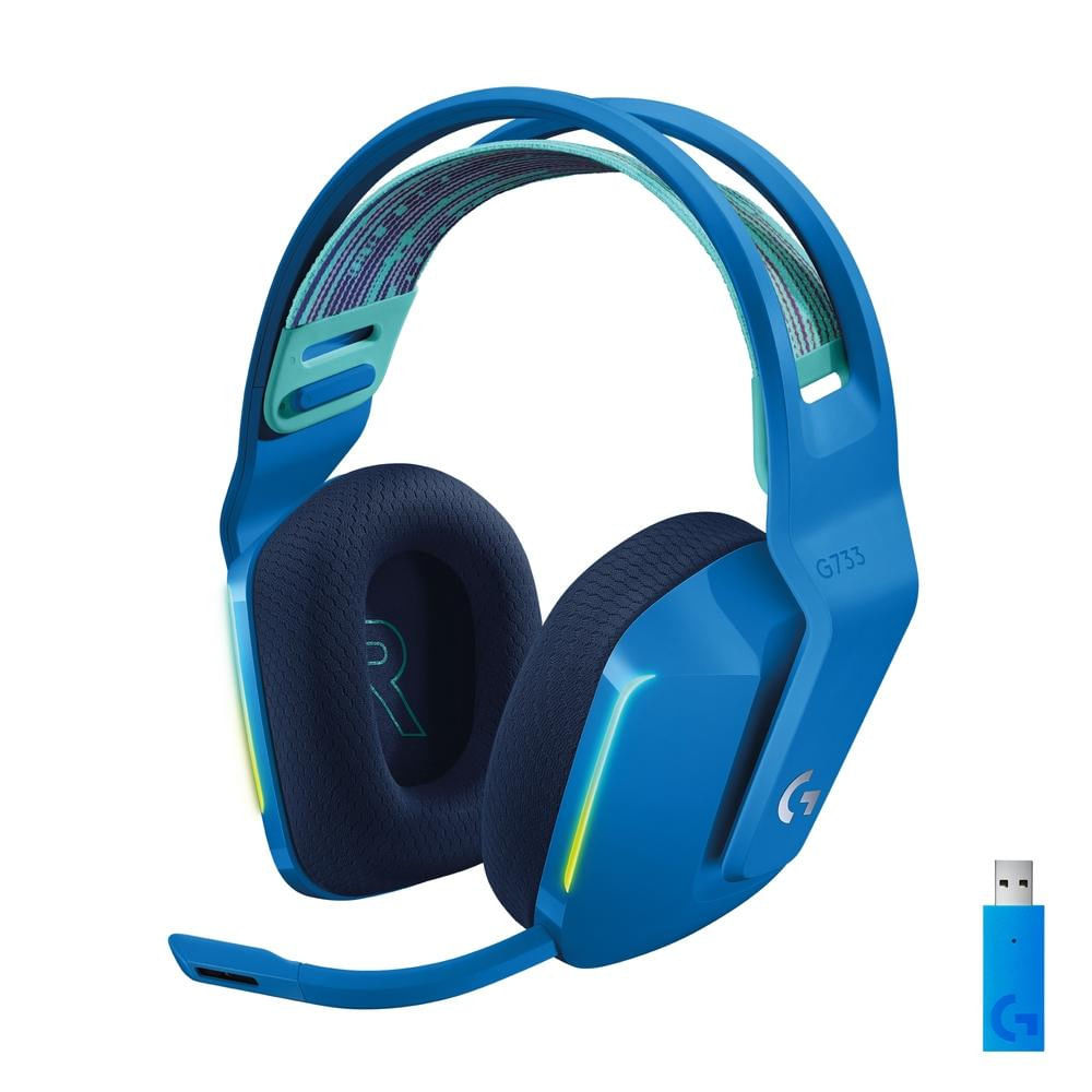 Headset Gamer Sem Fio Logitech G733 7.1 Dolby Surround RGB com Blue Voice para PC e PlayStation Azul Azul