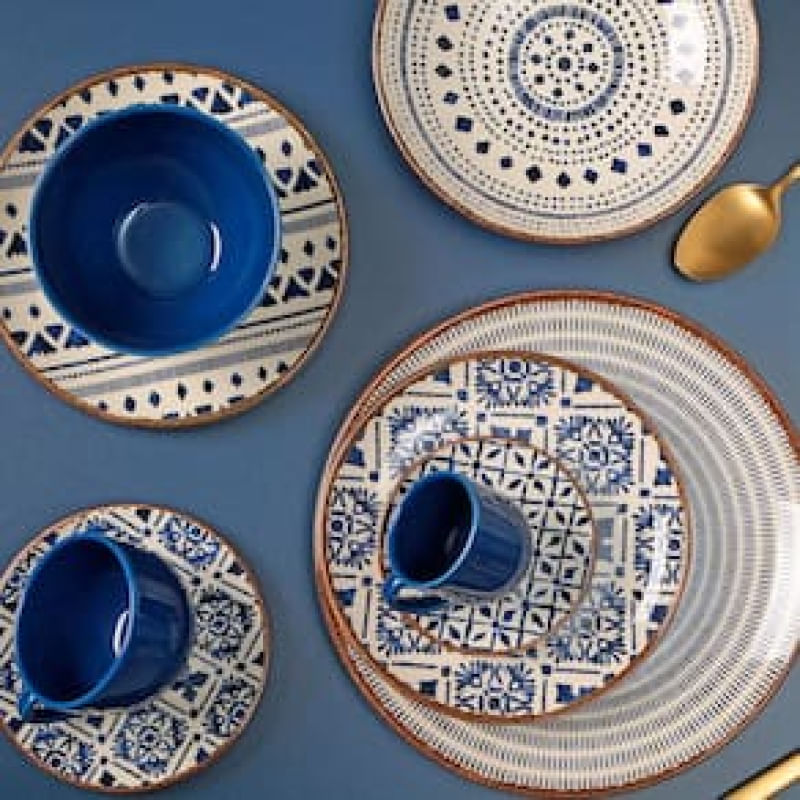 Aparelho de Jantar 20 Peças Porto Brasil Coup Asteca em Cerâmica Feldspática - Azul/Off White