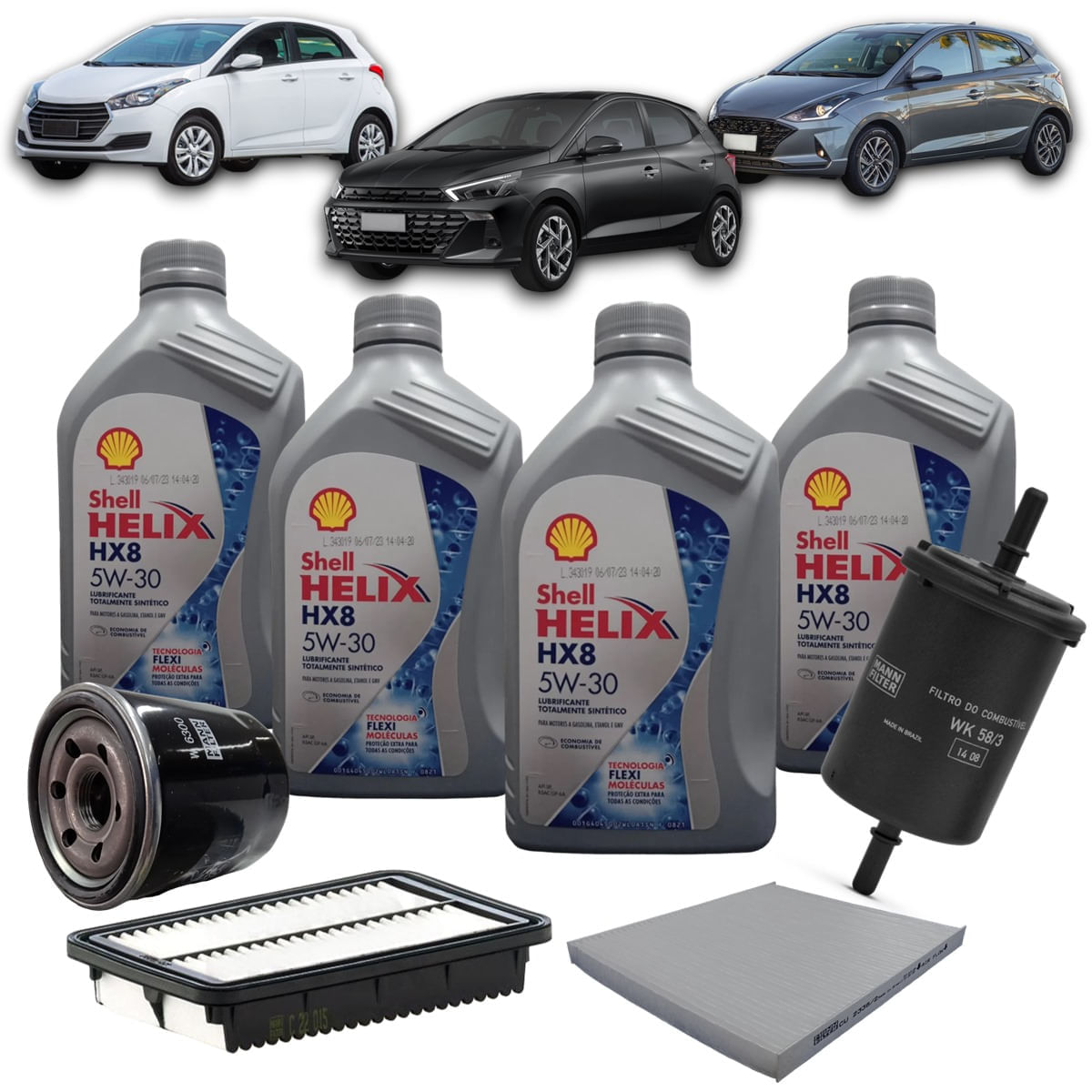 Kit Revisão 4 Litros de Óleo Shell Helix 5W30 Sintético HX8 + Kit de Filtros Mann Filter Hyundai HB20 1.0 12V Flex 2012 em diante