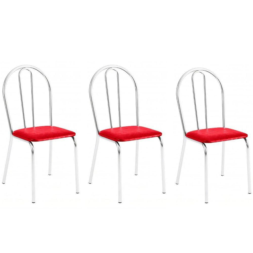 Kit 3 Cadeiras Lisboa Cromada Para Cozinha Ou área Gourmet-assento Sintético Vermelho