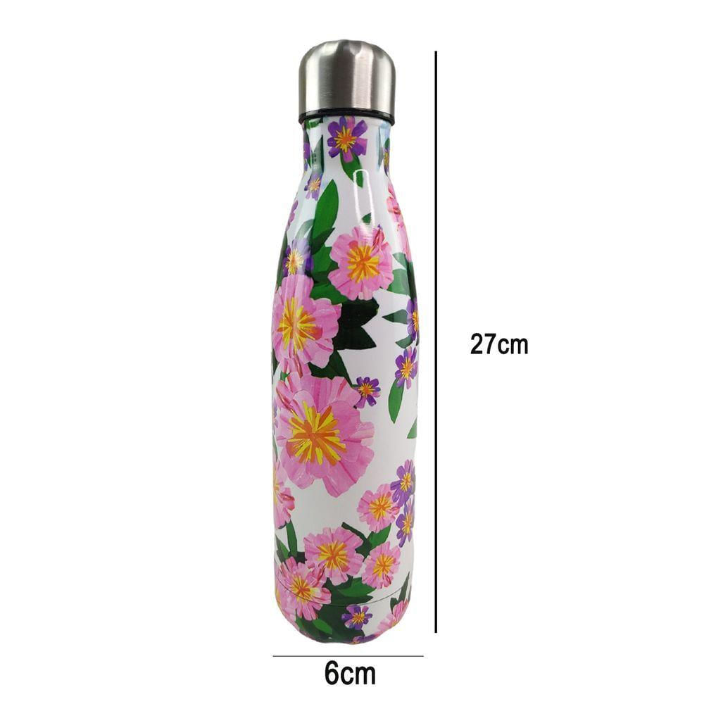 Garrafa Termica Estampa Flores Floral 500ml Inox Colorido Florido Conserva Suco Cha Agua Gelada