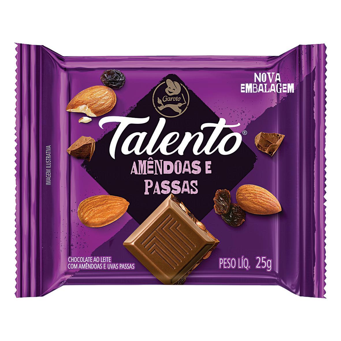Barra de Chocolate Talento Garoto 25g Amêndoas/Passas