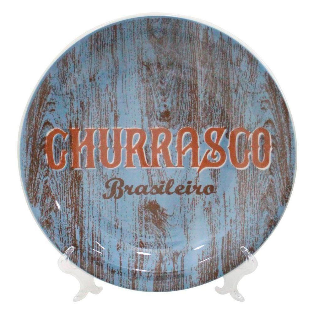 Prato Decorativo Cerâmica Churrasco Com Suporte Transparente Para Mesa 26cm