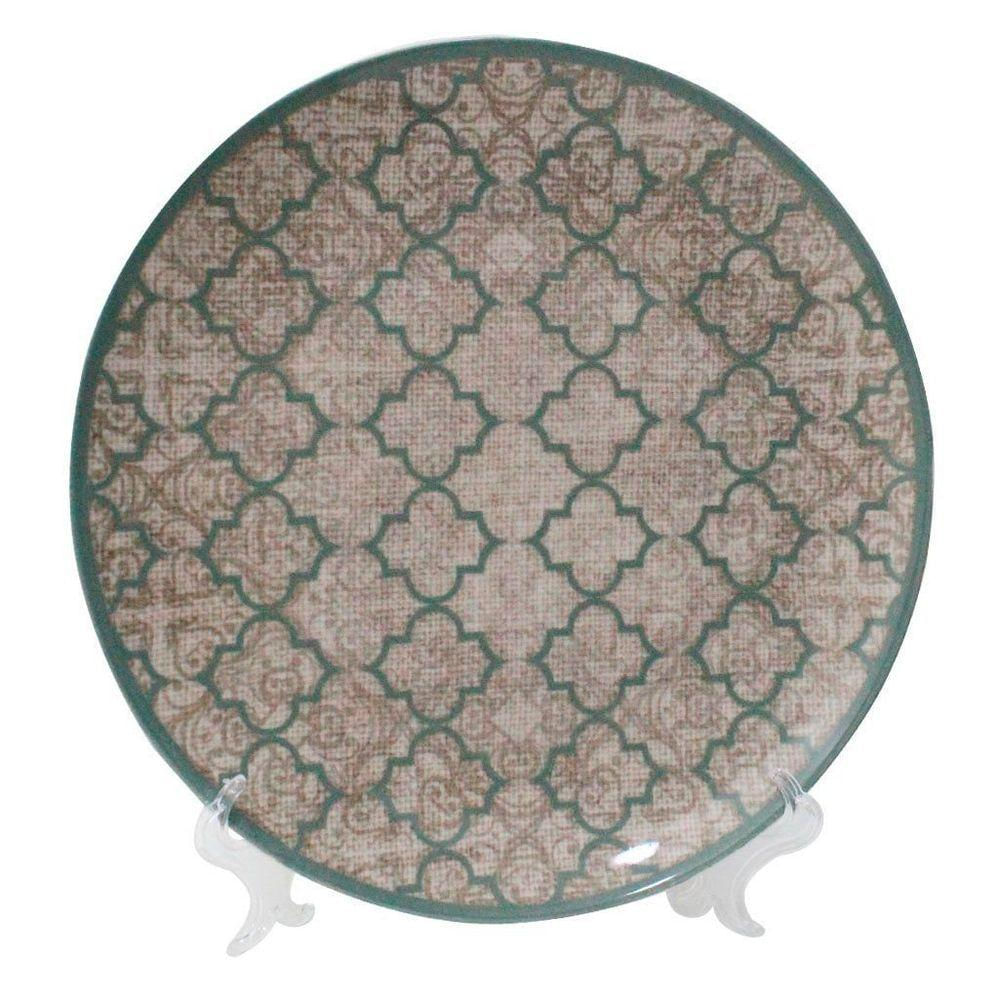 Prato Decorativo Cerâmica Linen Com Suporte Transparente Para Mesa 26cm
