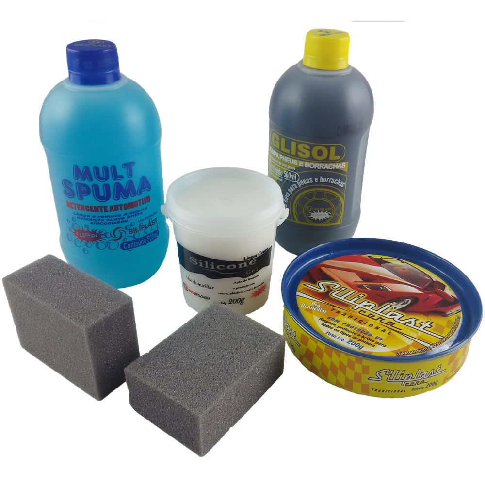 Kit de Limpeza Plus Siliplast - 1 Shampoo 500ml - 1 Limpa Pneu 500ml - 1 Silicone Gel 200g - 1 Cera Polidora 200g - Duas Esponjas