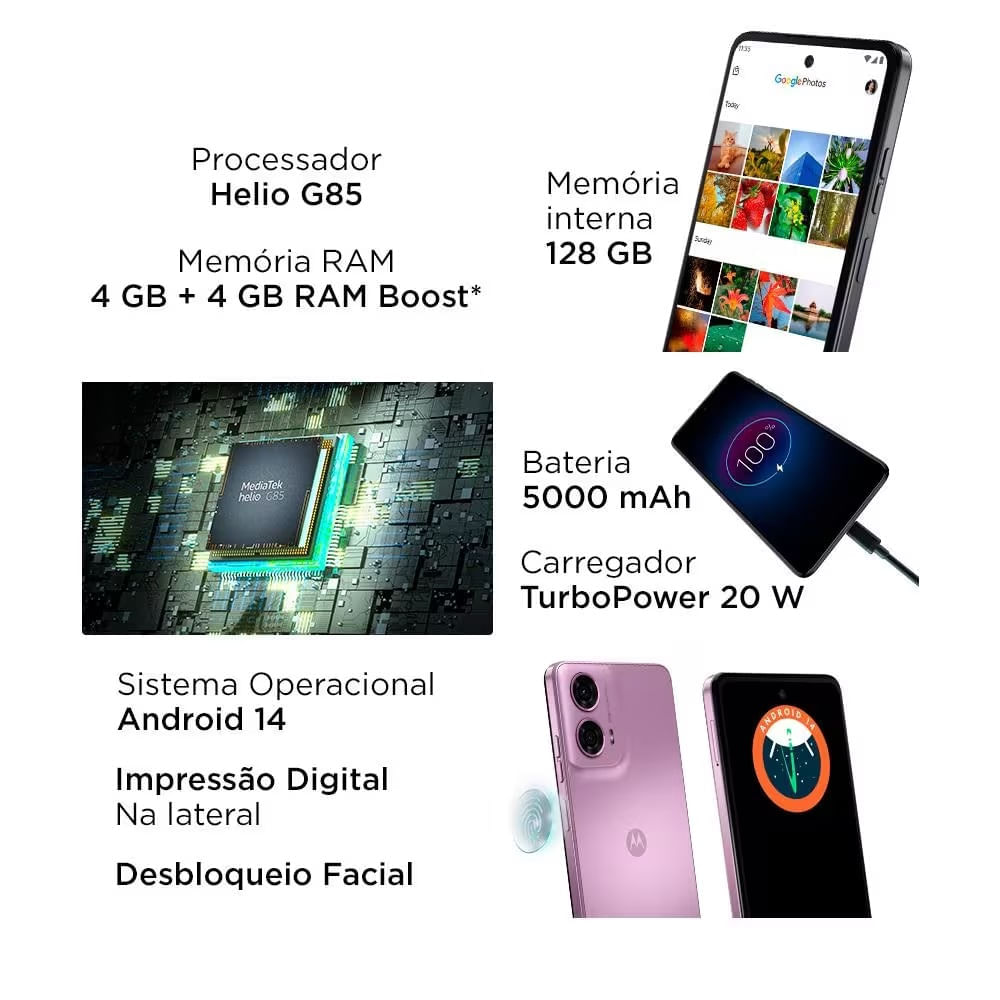 Smartphone Motorola Moto G24 4G 128GB 4GB + 4GB RAM Boost Câmera Traseira 50MP + 2MP Selfie 8MP Tela 6.6" Rosa 128GB / Rosa