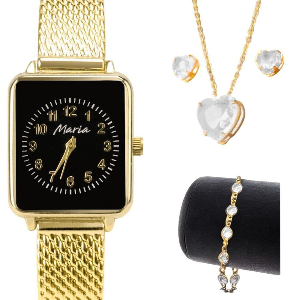 Relógio Feminino Aço Dourado + Pulseira Social Casual Preto