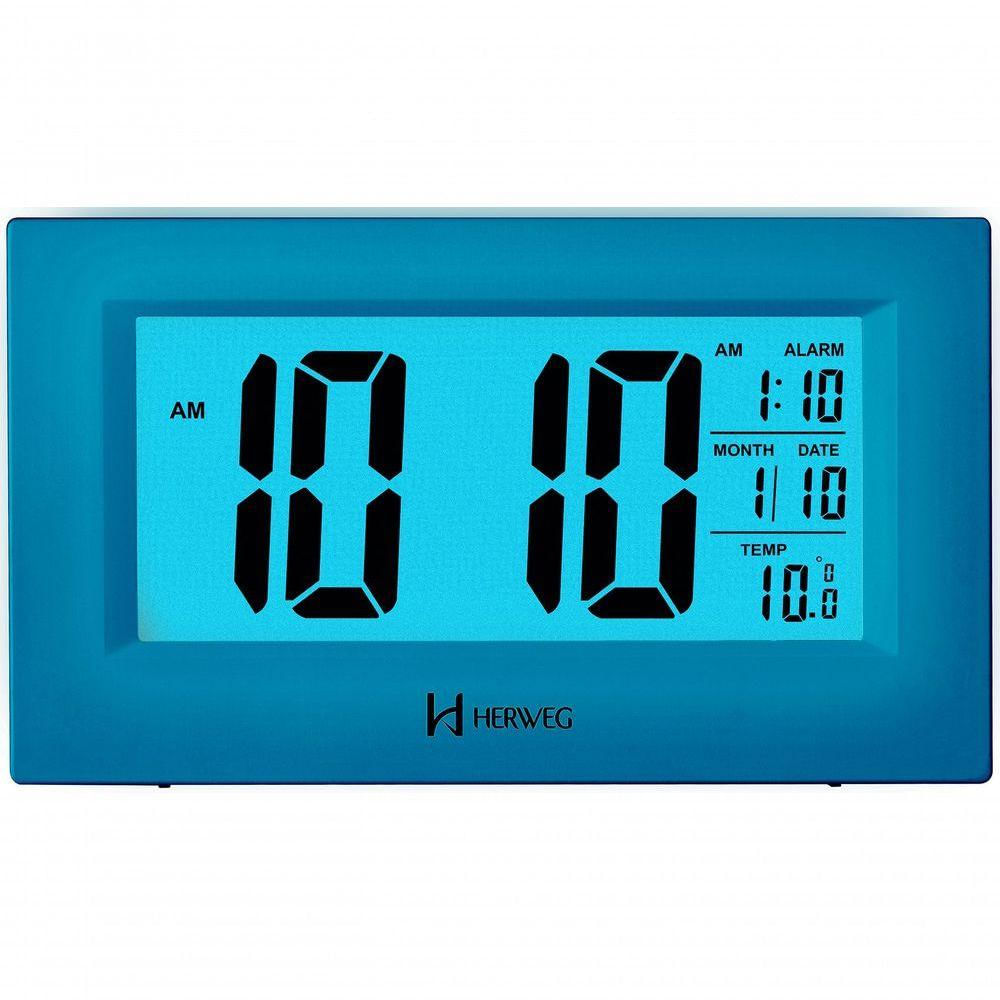 Relógio Despertador Digital Luz Noturna Preto Herweg 2972 Azul