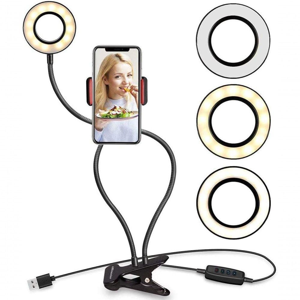 Iluminador Ring Light Suporte Articulado De Mesa Live Stream Para Celular Smartphone 2 Em 1