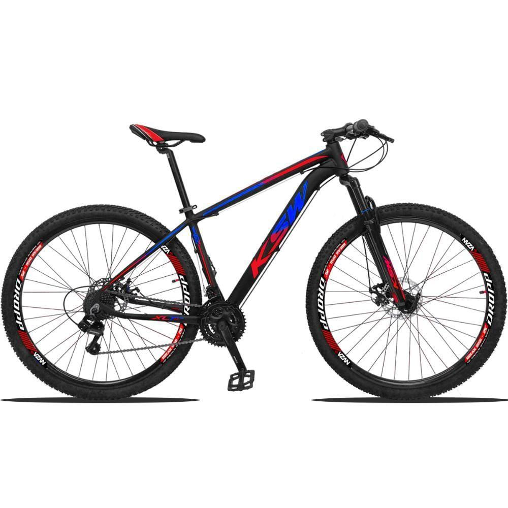 Bicicleta Aro 29 Ksw 27v Acera, Freio Hidraulico, Trava E K7 - 19 Preto-Azul E Vermelho