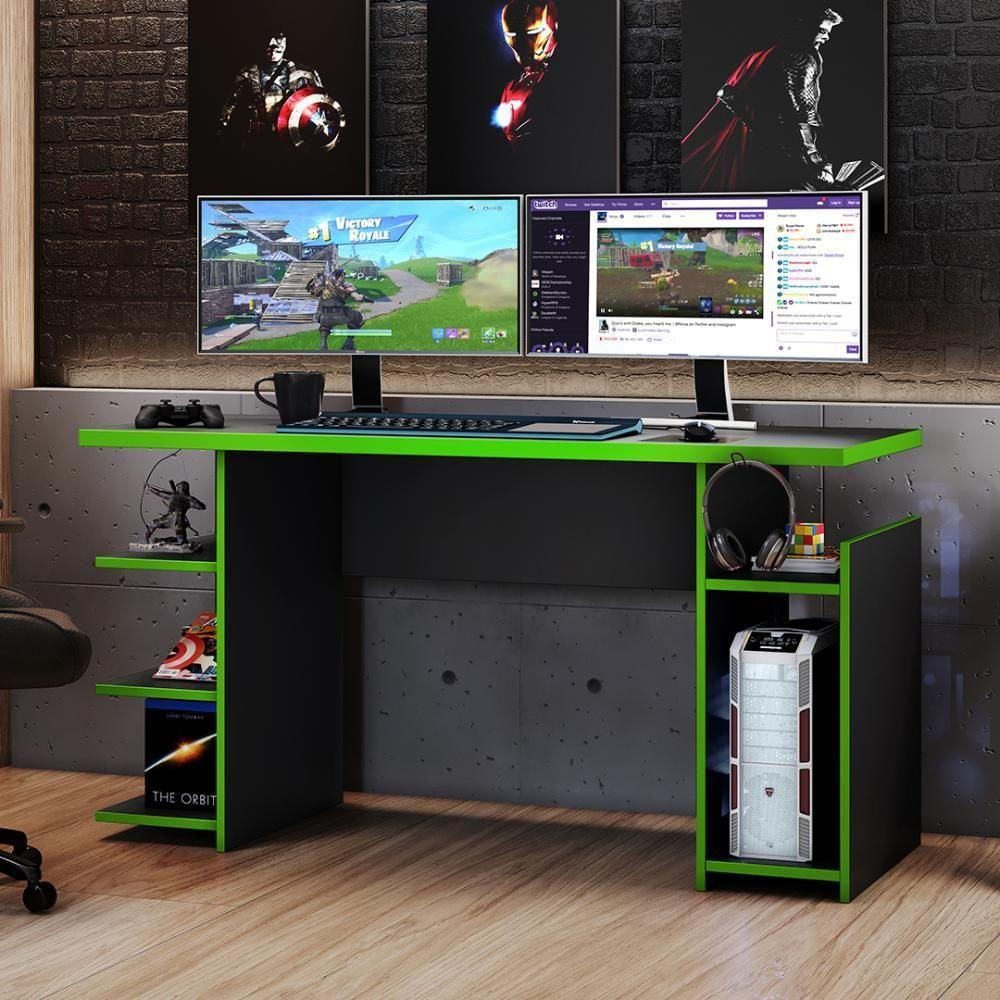 Mesa Gamer Escrivaninha Com Nichos Tóquio Notável Preto-verde