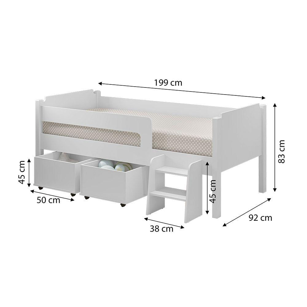 Cama Infantil Com 2 Baus Organizador E Escada Luna Plus Branco - Cor: Branco