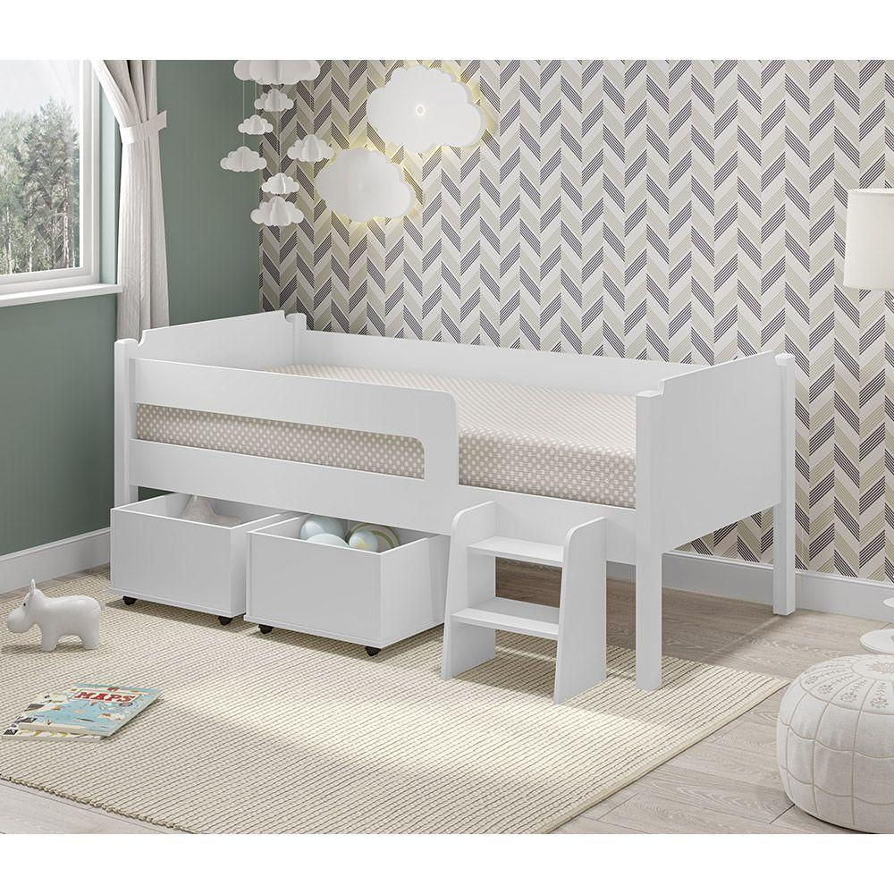 Cama Infantil Com 2 Baus Organizador E Escada Luna Plus Branco - Cor: Branco