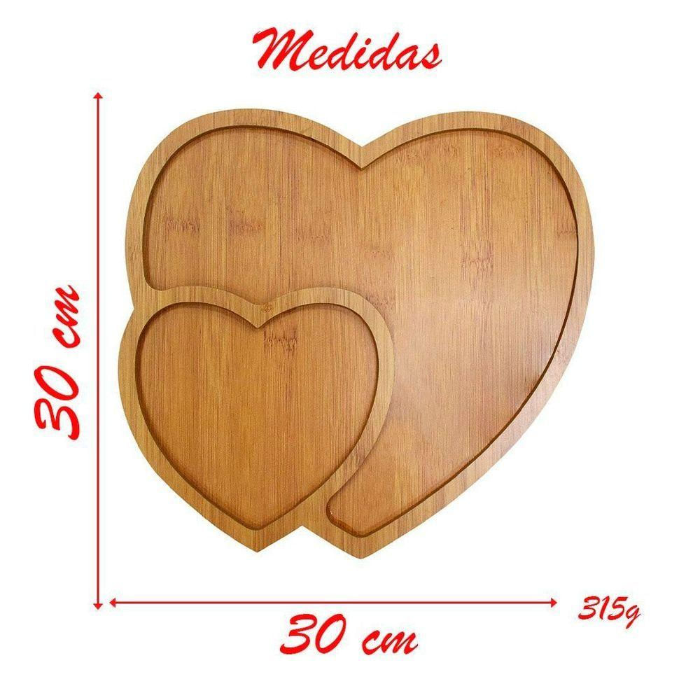 Petisqueira Bandeja Coração De Madeira 2 Divisórias 30cm