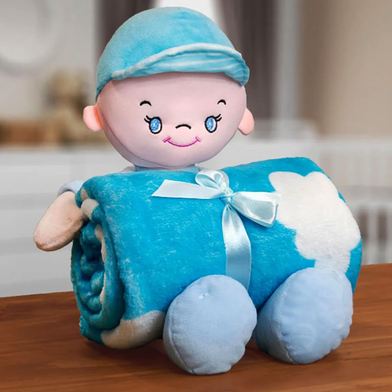 Manta Baby com Boneco de Pelúcia Bouton Microfibra Sky Azul