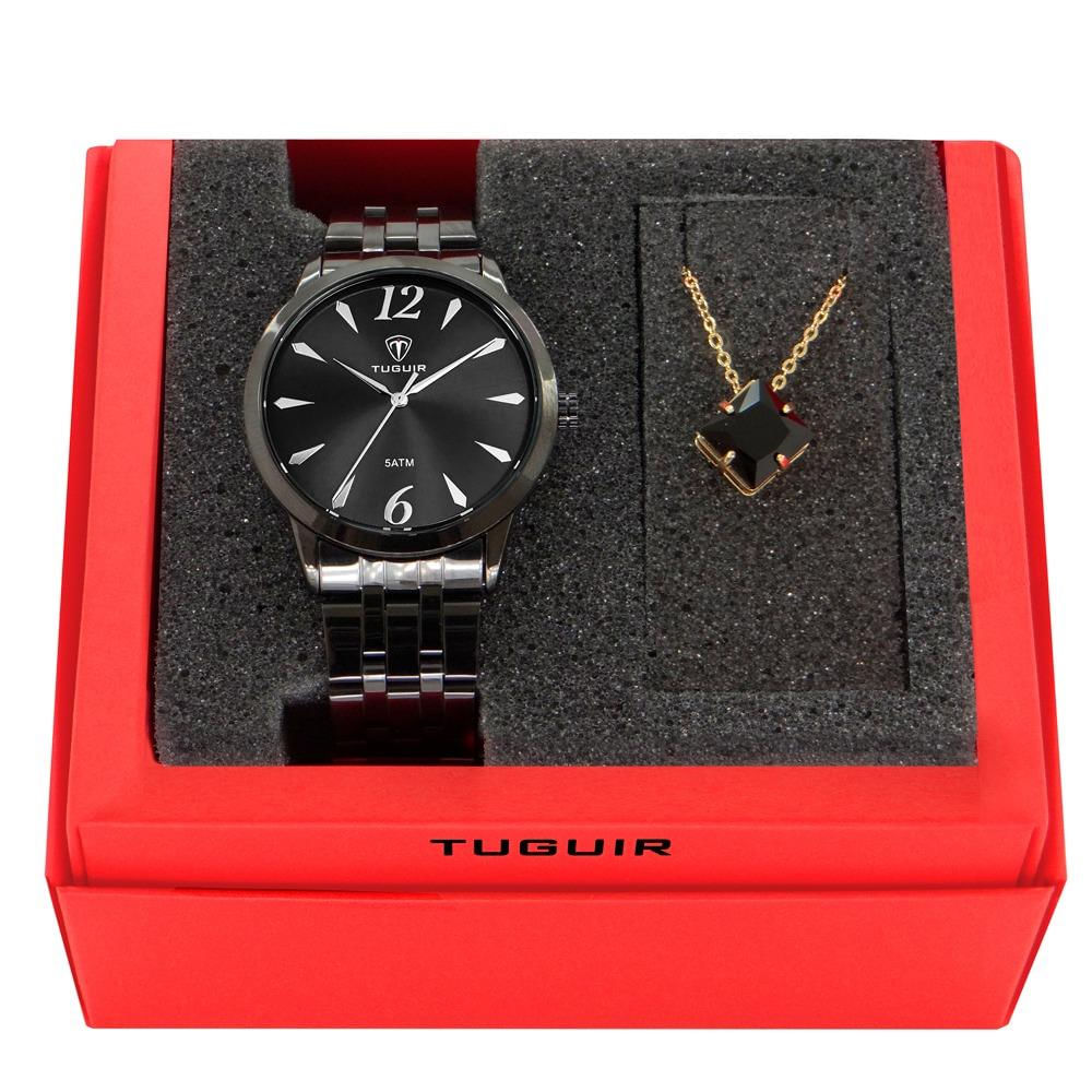 Relógio Tuguir Feminino Ref: Tg141 Tg35006 Black + Semijoia