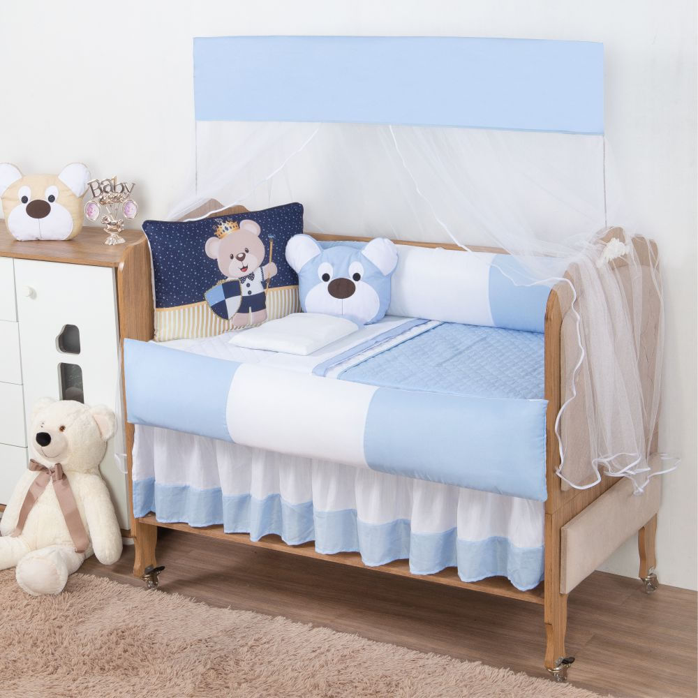 Kit para Berço Bebê Aquarelado Urso Escudo 10 Peças - Azul e Branco