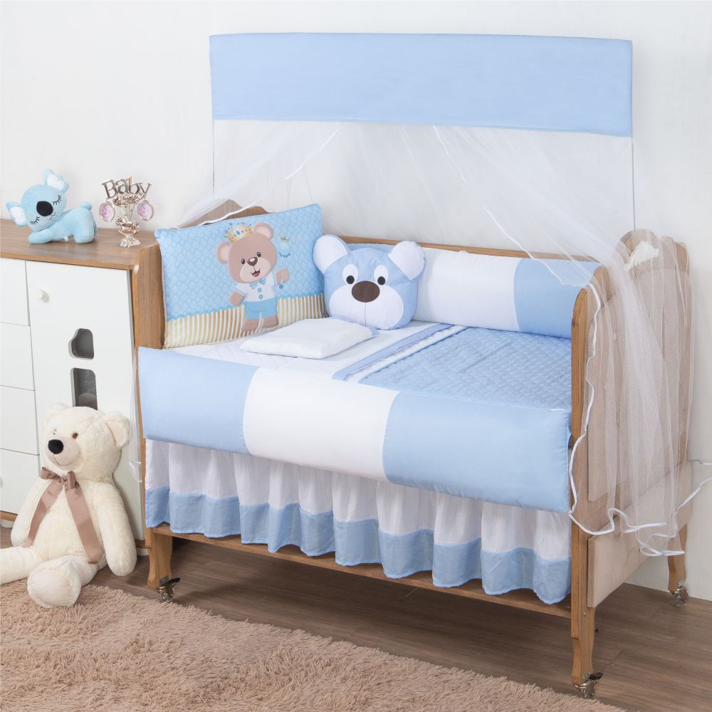 Kit para Berço Bebê Aquarelado Urso Coroa 10 Peças - Azul e Branco
