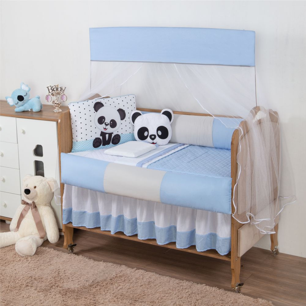 Kit para Berço Bebê Aquarelado Panda 10 Peças - Azul - Azul Cinza