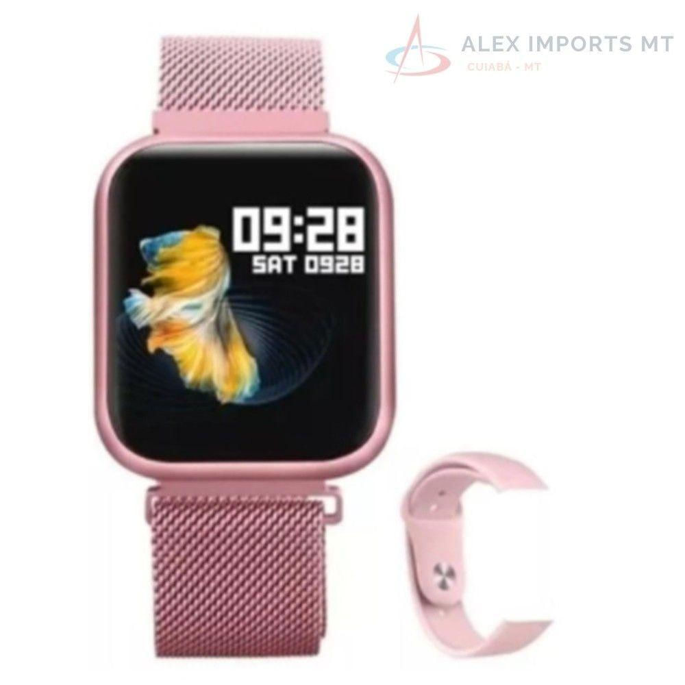 Relógio Rosa Smartwatch P70 + 2 Pulseiras + Fone Bluetooth