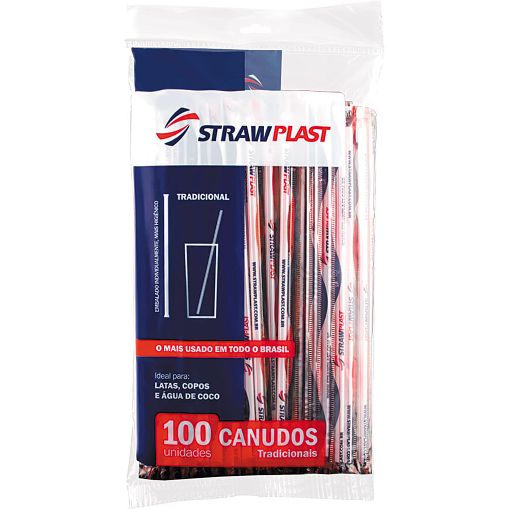 Conjunto 100 Canudos Descartáveis Tradicional Strawplast Branco/Vermelho