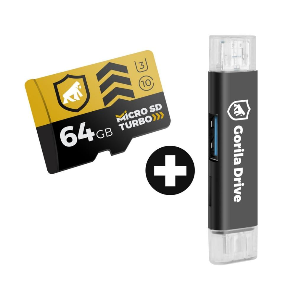 Kit Cartão de Memória Turbo 64GB U3 + Adaptador Pendrive  OTG Micro USB - GShield